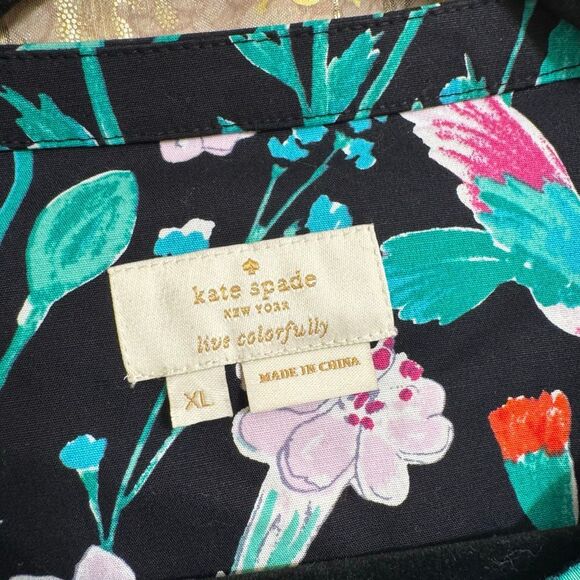 Kate Spade Black Floral Colorful Hummingbird Jardin Poplin Top XL - Picture 3 of 9